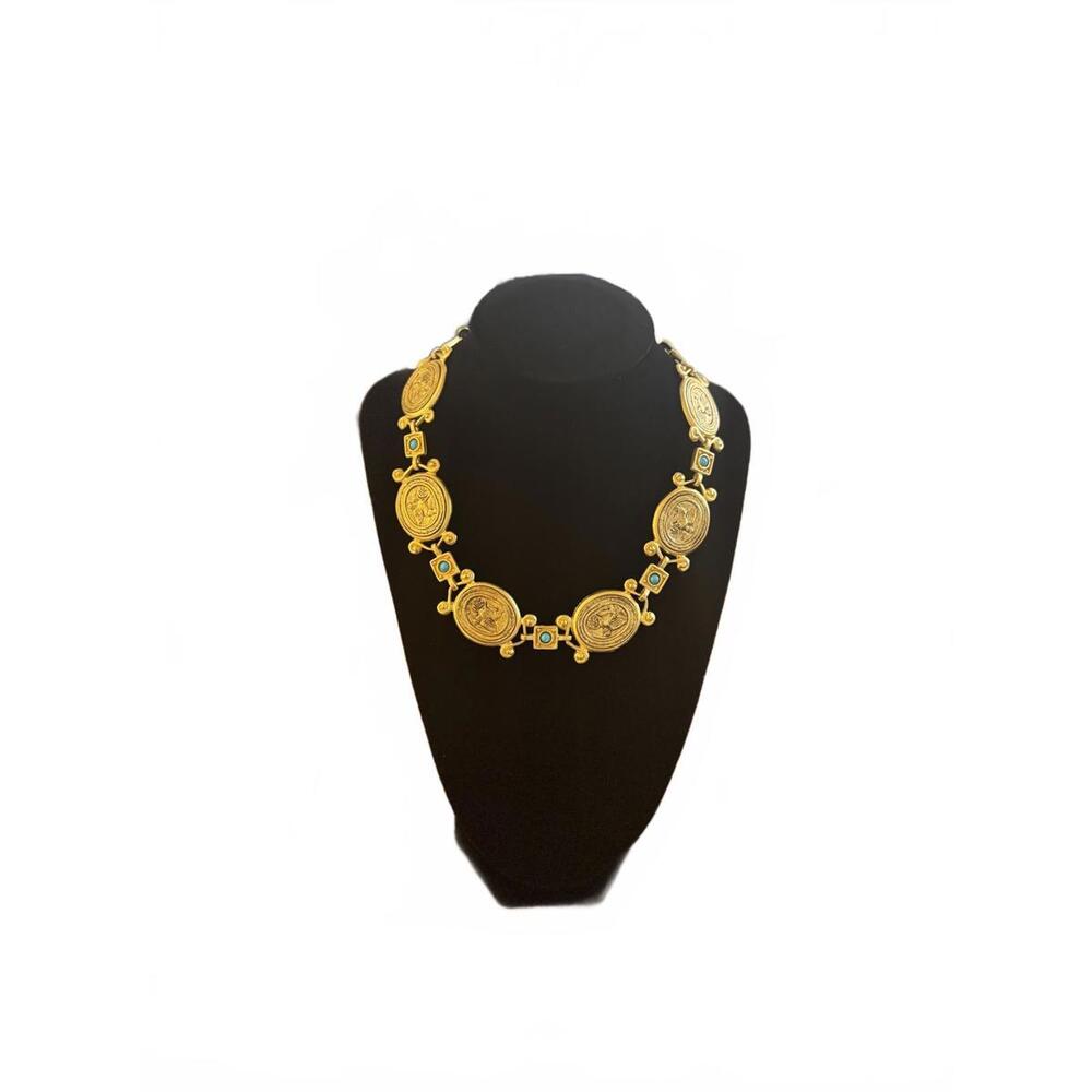 Vintage Leslie Block Gold Tone Roman Coin Necklace With Blue Stones